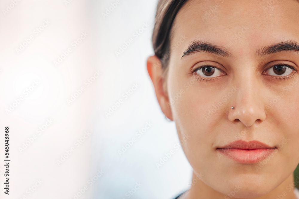 Face, skincare and portrait of Indian woman with natural beauty, healthy skin and wellness. Healthcare, dermatology and head of young Asian female model for skincare products, facial and body care Face, skincare and portrait of Indian woman with natural beauty, healthy skin and wellness. Healthcare, dermatology and head of young Asian female model for skincare products, facial and body care