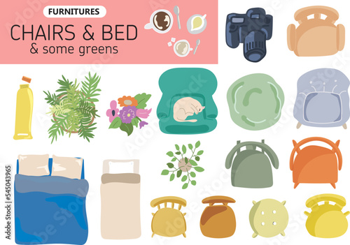 家具、イス、観葉植物のベクターセット