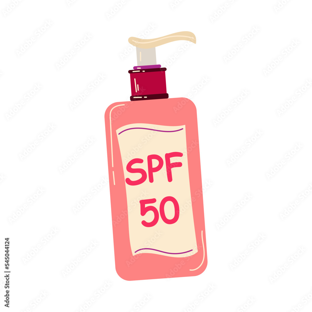 Pink sunblock lotion dispenser with label vector illustration. Sun safety, lotion with SPF, sunscreen for skin care during summer isolated on white background. Cosmetics, summer, protection concept Pink sunblock lotion dispenser with label vector illustration. Sun safety, lotion with SPF, sunscreen for skin care during summer isolated on white background. Cosmetics, summer, protection concept