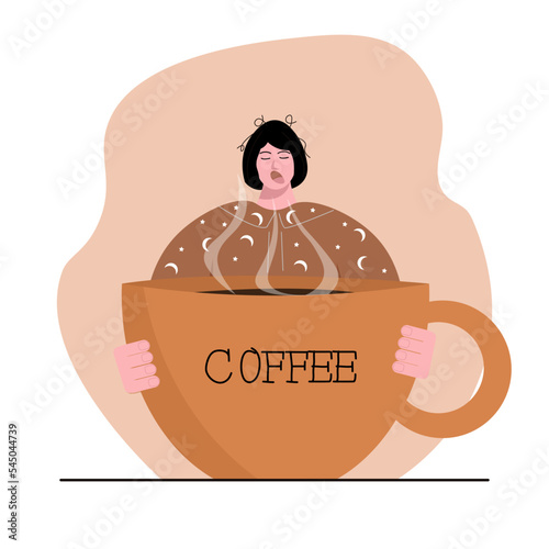 A sleepy yawning disheveled woman in pajamas holds a huge mug of coffee in her hands. Vector illustration