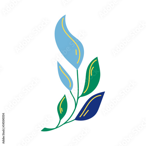 Leaves in green, dark and light blue and yellow colors. Beautiful plant on white background cartoon illustration. Nature, greenery, flora concept