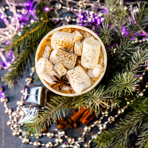 Christmas composition with a cup of hot chocolate and decorations.A mug of hot chocolate with white marshmallows. Cocoa drink with marshmallow cup on the background of a fir tree. Selective focus. 
