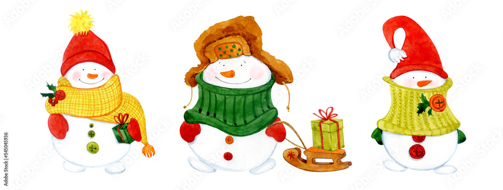 Christmas snowmen. Watercolor clip art. Funny snowmen in red hats, knitted scarves, a sled with a gift. For stickers, postcards, posters, etc.