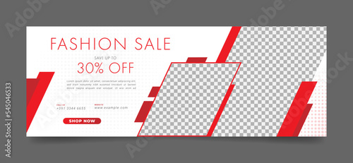 fashion sale facebook cover page timeline web ad banner template with photo place. modern and creative layout whtie background red shape design for business or corporate promotion offer