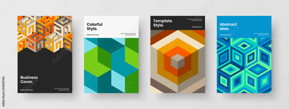 Fototapeta premium Vivid cover A4 vector design concept bundle. Multicolored geometric hexagons company identity template collection.