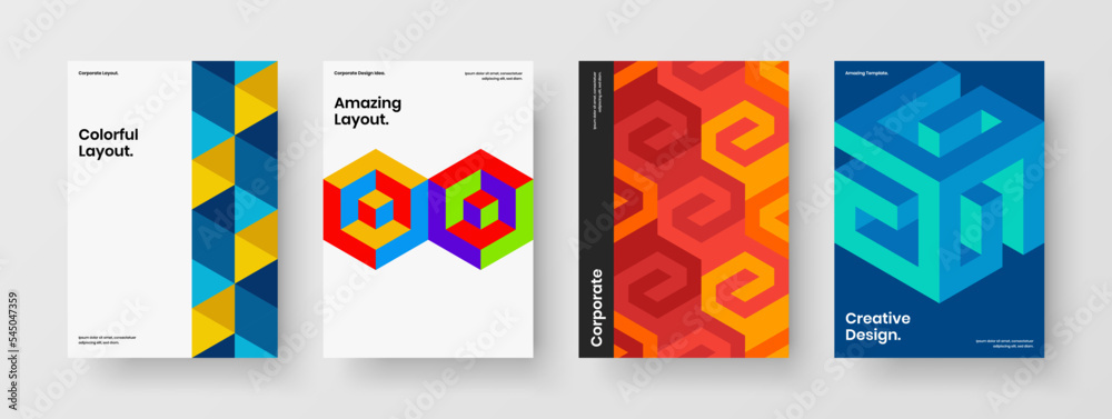 Minimalistic poster design vector concept collection. Colorful mosaic pattern presentation layout bundle.