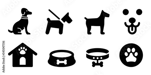 Dog icon set. Containing dog on leash, dog house, bowl, collar and leash icons. Paw symbol vector illustration.