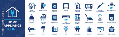 Home appliance icon set. Collection of household kitchen appliance solid icon. Containing washing machine, vacuum cleaner, refrigerator, TV and more. Vector illustration. photo