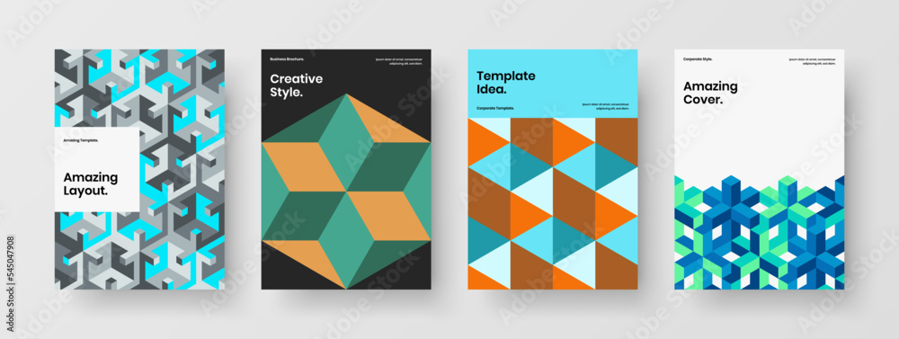 Simple mosaic shapes pamphlet concept collection. Vivid company brochure vector design layout bundle.
