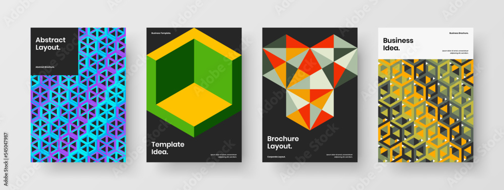Modern mosaic hexagons pamphlet layout collection. Trendy presentation A4 vector design template set.