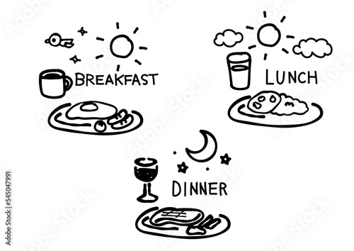 手描き風　朝食とランチとディナーのイラスト