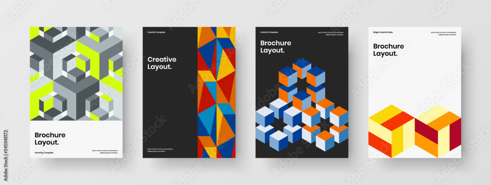 Fototapeta premium Colorful geometric hexagons corporate brochure layout bundle. Bright cover A4 vector design concept set.