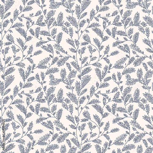 Seamless vector blue color line leaf and twig pattern on beige background.