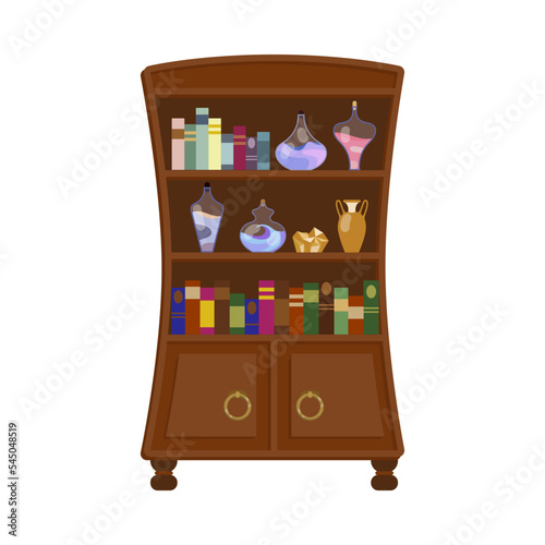 Cupboard with books and potion flasks cartoon illustration. Wizard school interior isolated on white background. Halloween, fairy tale, magic, old library concept.