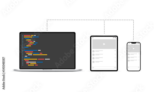 Application programming supports tablet and smartphone emulators. Laptop, tablet, iPhone.