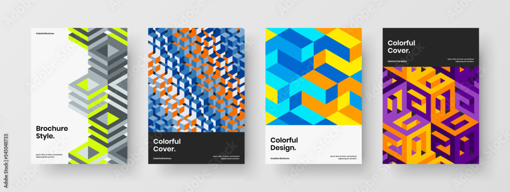 Creative geometric pattern postcard template composition. Trendy corporate identity A4 design vector concept bundle.
