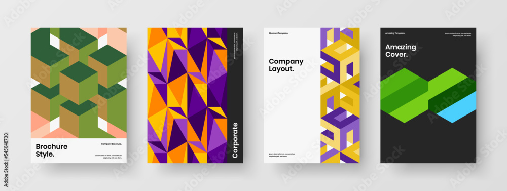 Multicolored mosaic pattern leaflet illustration collection. Amazing handbill design vector layout set.