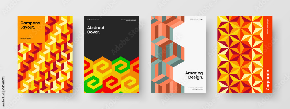 Naklejka premium Vivid mosaic shapes leaflet layout bundle. Amazing corporate cover design vector illustration set.