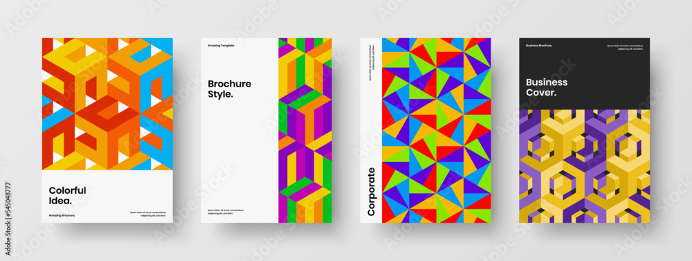 Creative corporate identity A4 vector design layout bundle. Multicolored mosaic shapes postcard template collection.