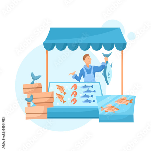 Fair booth with fish and male seller flat vector illustration. Kiosk or store with vendor or merchant selling fish or seafood. Food, clothes, street market concept