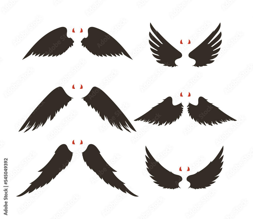 Black evil wings and red horns set. Vector illustrations of devil