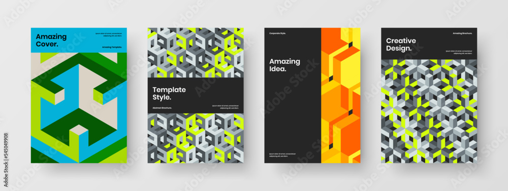 Trendy brochure design vector illustration bundle. Abstract mosaic pattern booklet layout composition.