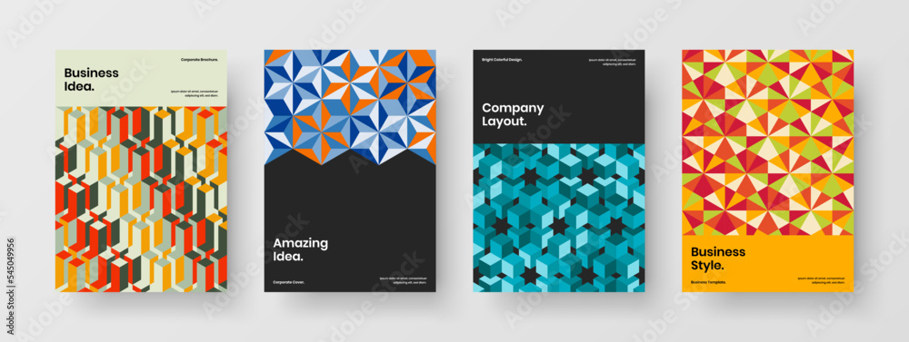 Colorful geometric pattern brochure layout bundle. Fresh book cover design vector concept collection.