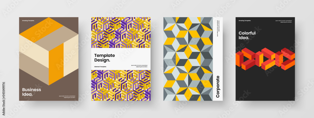 Fototapeta premium Trendy company brochure A4 design vector layout bundle. Amazing mosaic hexagons cover illustration collection.