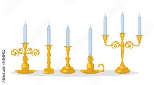 Gold vintage candlesticks with candles set. Vector illustrations of ornate holders on stands. Cartoon medieval chandeliers of different shapes isolated on white. Antique interior decoration concept
