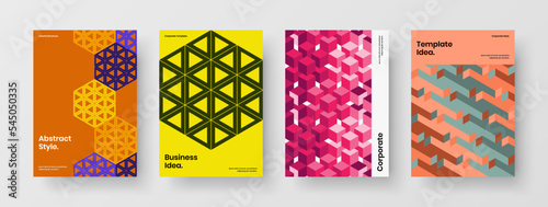 Bright company brochure A4 design vector layout composition. Clean mosaic shapes booklet template set.