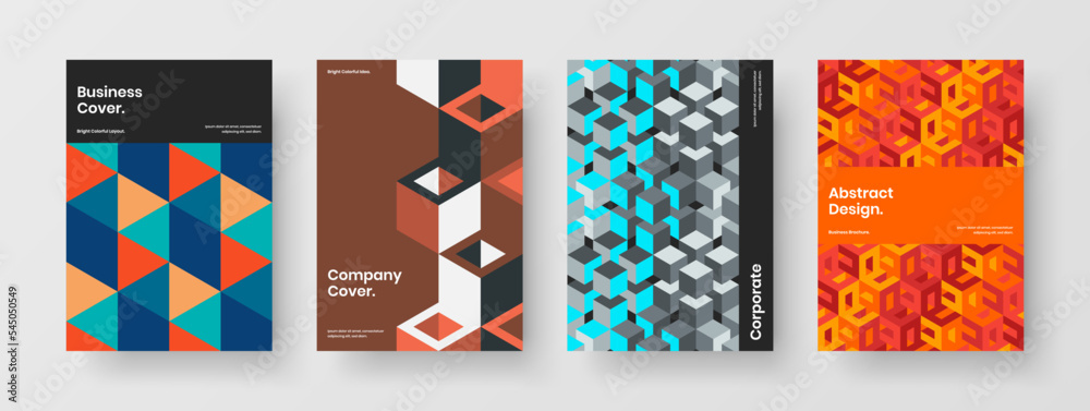 Premium journal cover A4 vector design concept collection. Original mosaic shapes handbill illustration set.