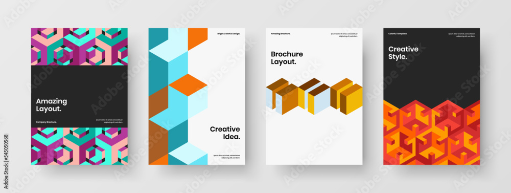 Creative mosaic pattern company brochure illustration bundle. Clean corporate identity A4 vector design layout collection.