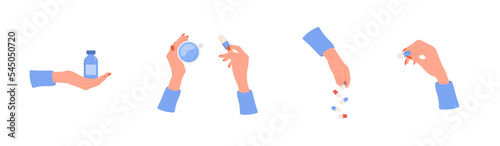 Set of female hands holding pills. Healthcare concept. Cold and flu treatment. Women drinking vitamin complex and minerals. Vector illustration in flat cartoon style.