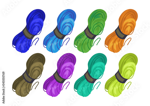 Threads of yarn set. Vector illustrations of skeins in different colors. Cartoon woolen or cotton clews for knitting, sewing, embroidery isolated on white. Handicraft, crochet, needlework concept