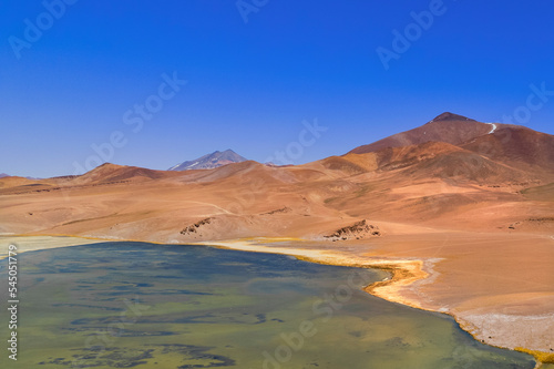 Laguna con flamencos ubicada en un salar en el altiplano del desierto de atacama