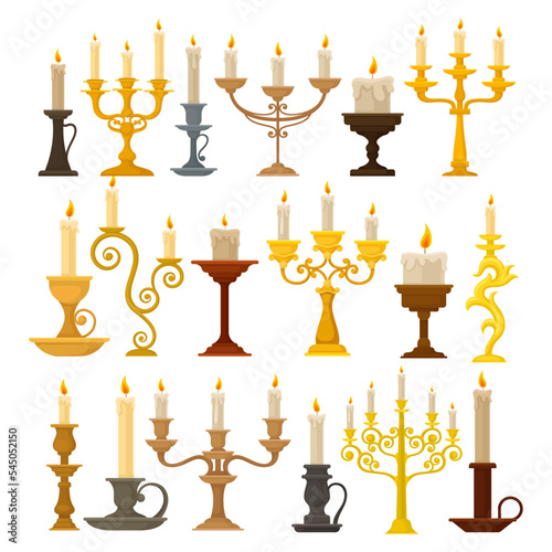 Candelabrum or Candle Holder with Burning Candle Rested in It Vector Set