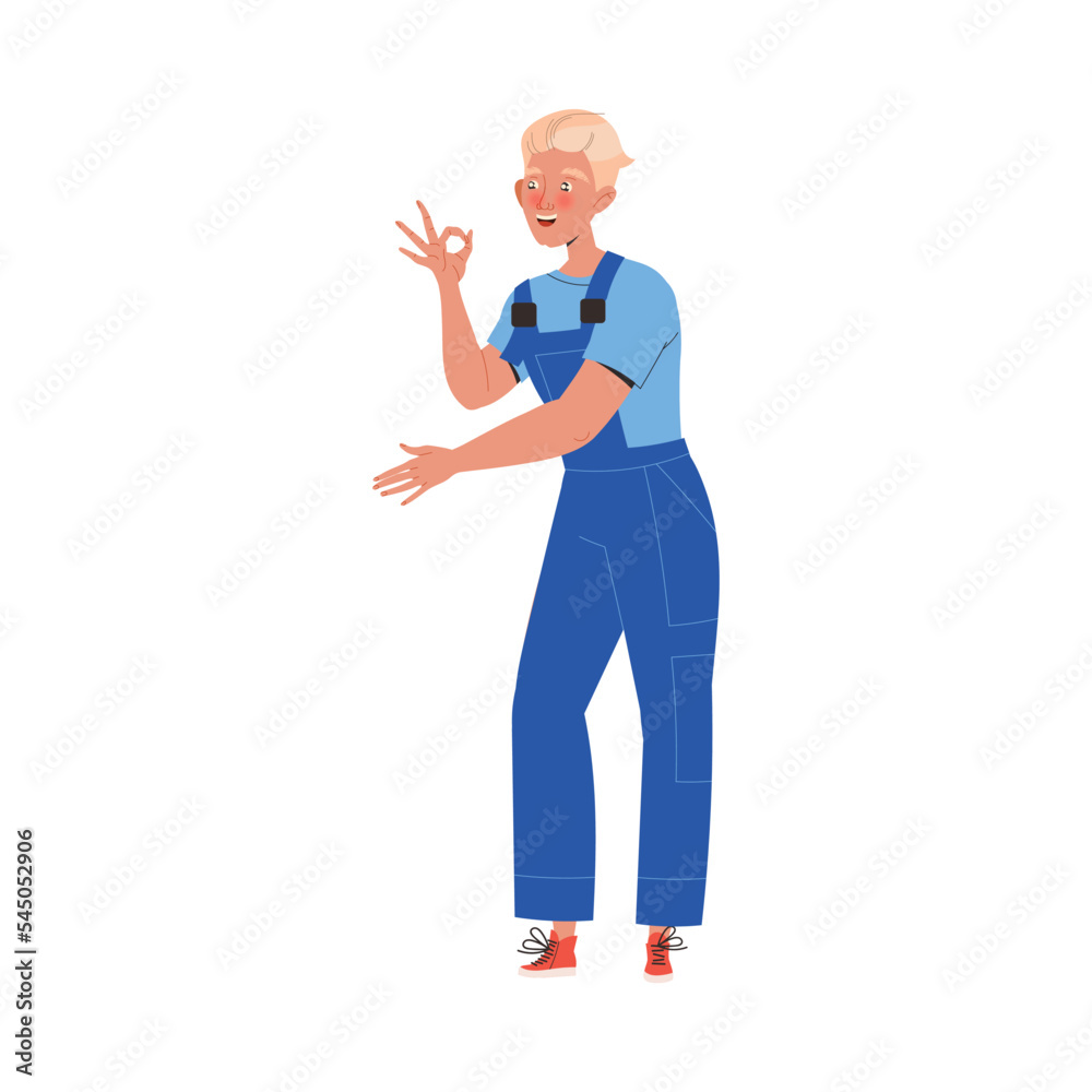 Blond Man Mechanic Showing Ok Hand Gesture as Car Repair Service Work Vector Illustration