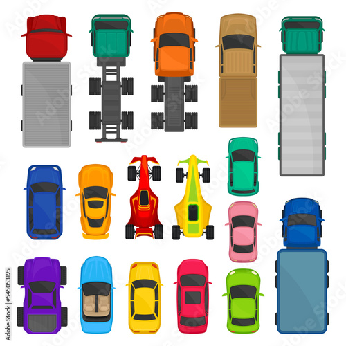 Cars top view set. City reight and personal transport cartoon vector