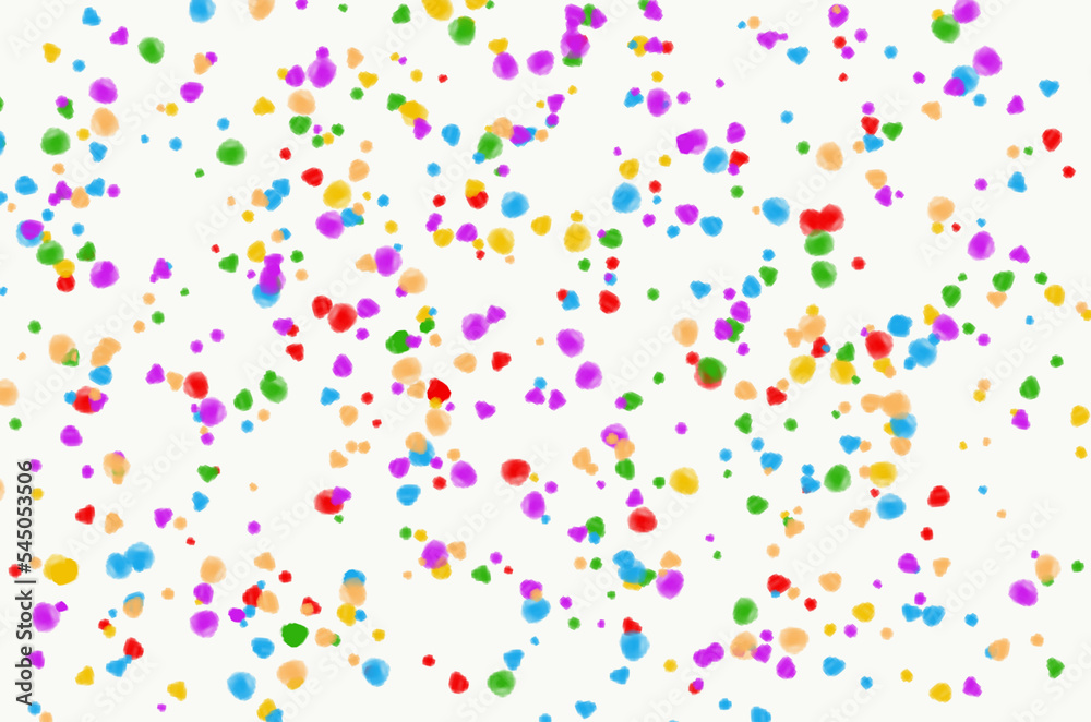 Pattern, multi colored round spots on a white background. Chaotic red, green, purple, beige and blue spots on a white background, seamless texture. Multicolored round dots (confetti). Rainbow circles