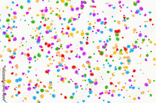 Pattern, multi colored round spots on a white background. Chaotic red, green, purple, beige and blue spots on a white background, seamless texture. Multicolored round dots (confetti). Rainbow circles