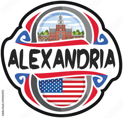 Alexandria USA United States Flag Travel Souvenir Sticker Skyline Landmark Logo Badge Stamp Seal Emblem Coat of Arms Vector Illustration SVG EPS