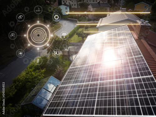 High angle view of roof with solar panels