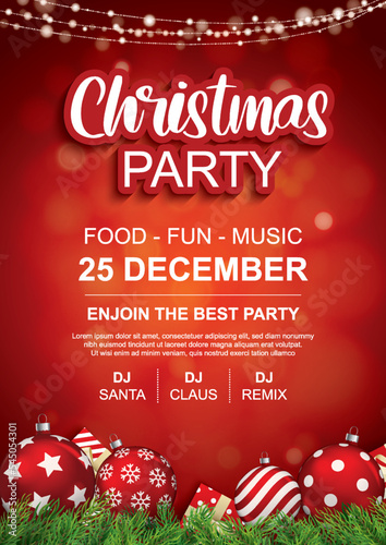 Merry christmas party glass ball and gift box for flyer brochure design on red background invitation theme concept. Happy holiday greeting banner and card template.