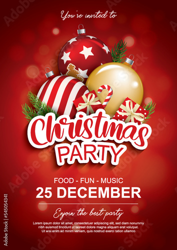 Merry christmas party glass ball and gift box for flyer brochure design on red background invitation theme concept. Happy holiday greeting banner and card template.