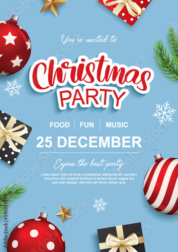 Merry christmas party glass ball and gift box for flyer brochure design on blue background invitation theme concept. Happy holiday greeting banner and card template.