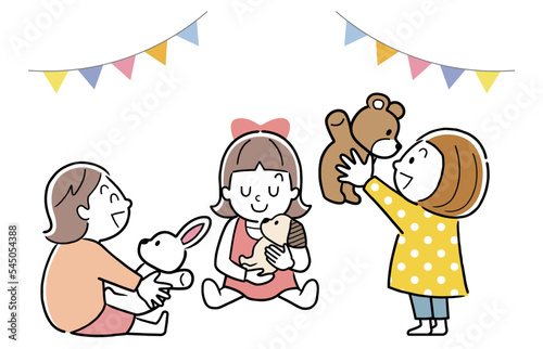 ベクターイラスト素材：ぬいぐるみで遊ぶ幼い女の子たち
