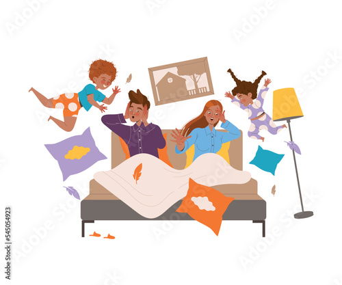 Naughty Hyperactive Children Characters Making Mess Jumping on Parent Bed Vector Illustration