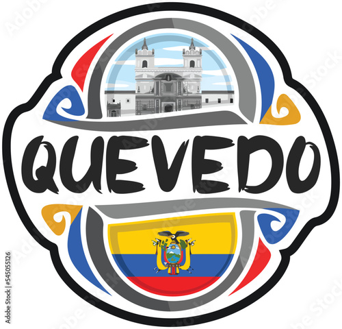 Quevedo Ecuador Flag Travel Souvenir Sticker Skyline Landmark Logo Badge Stamp Seal Emblem Coat of Arms Vector Illustration SVG EPS