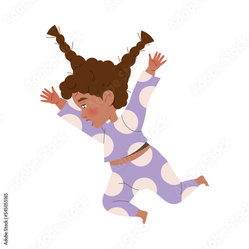 Naughty Little Girl with Braids Jumping Making Mess and Chaos Around Vector Illustration