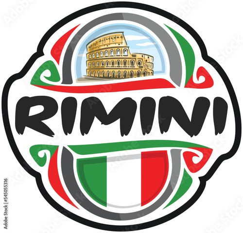 Rimini Italy Flag Travel Souvenir Sticker Skyline Landmark Logo Badge Stamp Seal Emblem Coat of Arms Vector Illustration SVG EPS